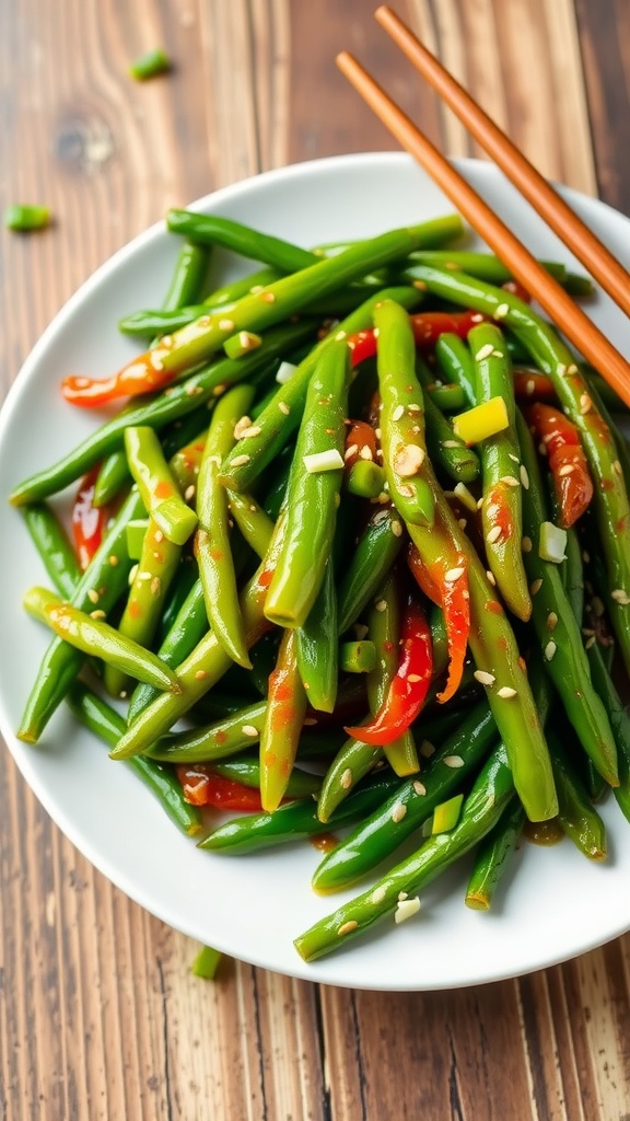 A colorful plate of stir-fried green beans garnished with sesame seeds and green onions.
